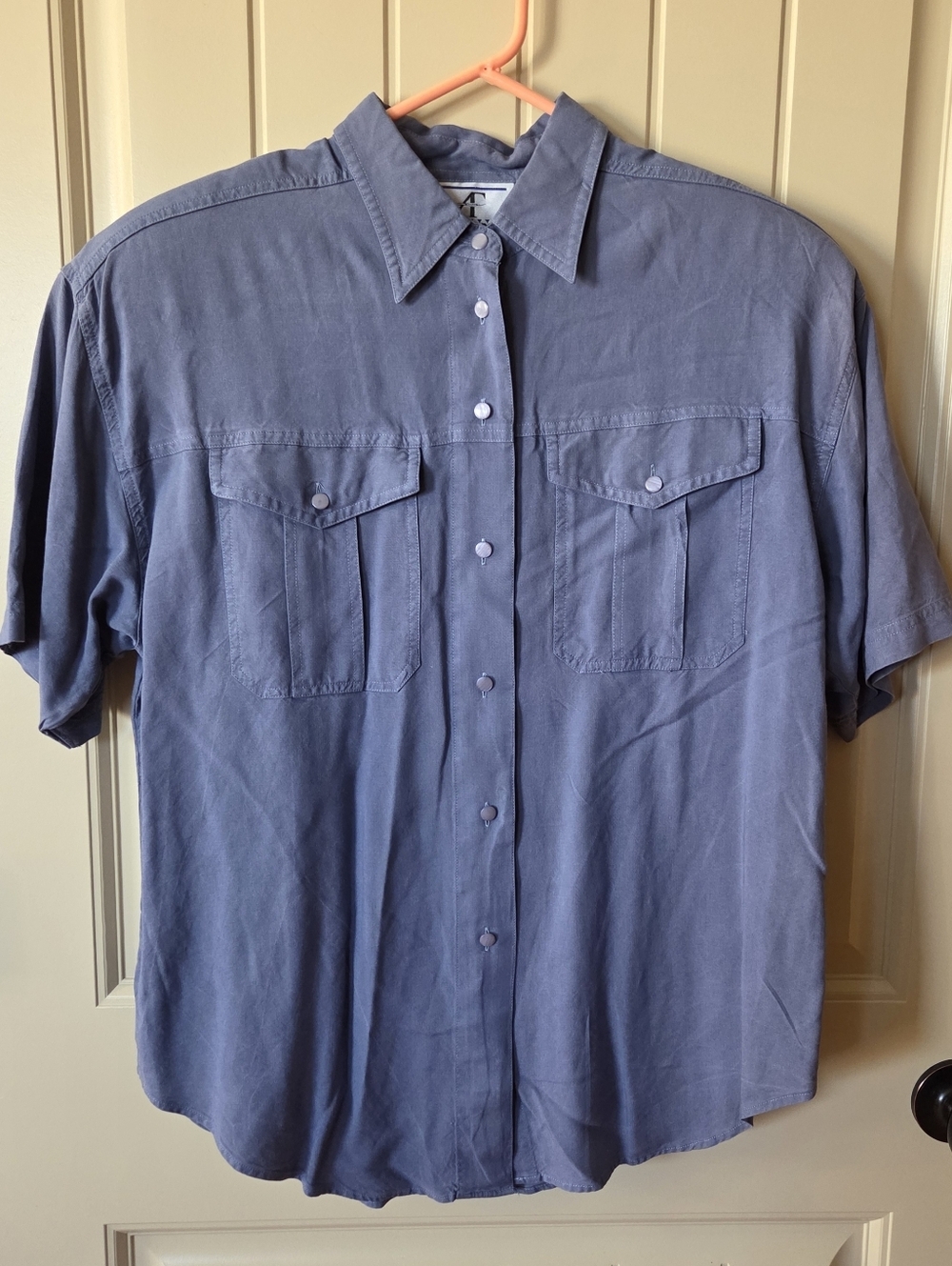 VTG Accordeon Blue Rayon Short Sleeve Utility Safari Shirt - Size Large